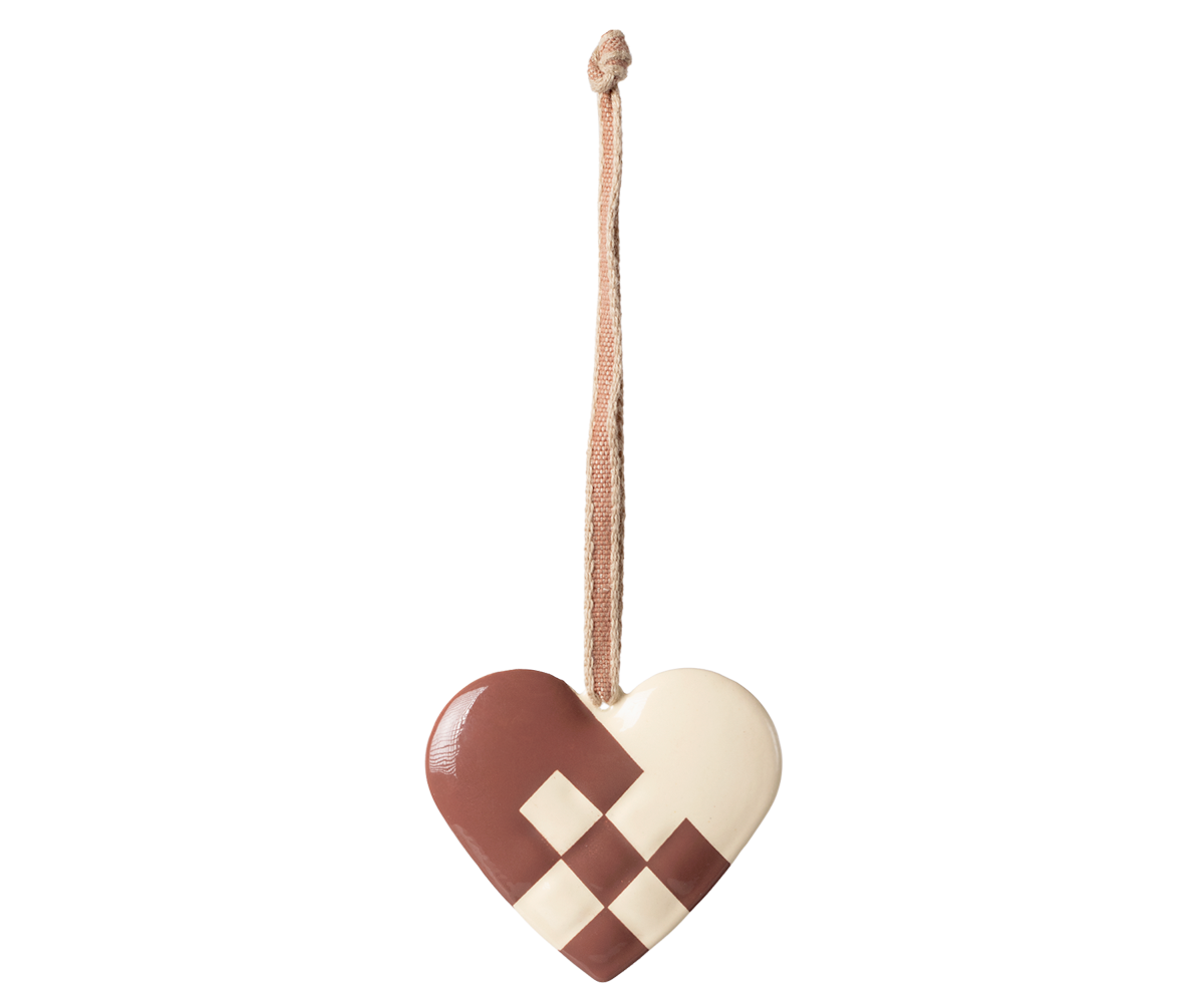 Metalophæng - flettet hjerte, mørk rosa, lille